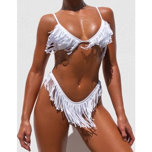 Sexy High Cut Tassels Swimsuits Women’s Bikini Sets Summer Hot Solid Color Push Up Bathing Suit Holiday Beachwear Female Biquini