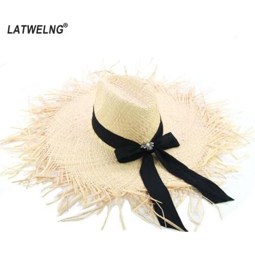 2020 New Designer Women Oversized Summer Hats Fashion Long Bow Raffia Beach Hat Large Brim Straw Visor Cap With Bee Wholesale
