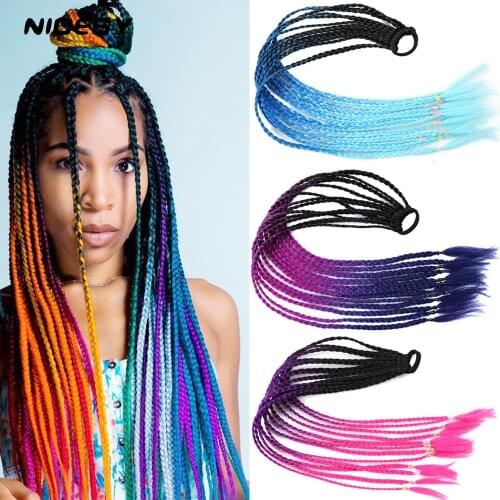 NICESY Synthetic Extensions Braid Ponytail Hair Tail With Rubber Elastic Band Braiding Rainbow Hairpiece Pigtail