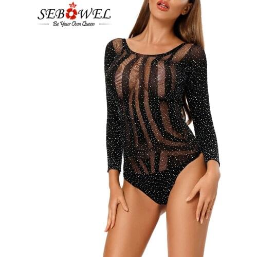 SEBOWEL Sexy Long Sleeves Black Hollow-out Rhinestone Bodysuit Women Cut Out Backless Curve Sheer Female Body Top Clothes