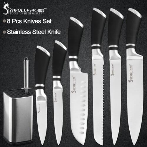 Sowoll 8pcs Stainless Steel Knives Set 8'' Knife Stand Holder + Sharpener Bar Chef Slicing Bread Santoku Utility Paring Knife