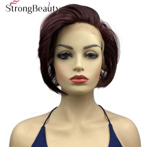 StrongBeauty Lace Front Wig Short Synthetic Hair Dark Red Heat Resistant Glueless Straight Wigs