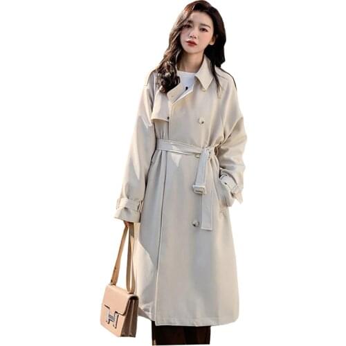 Fashion Korean Style Womens Trench Coat Double-Breasted Long With Belt Office Tops Lady Windbreaker Spring Autumn Vintage Coats