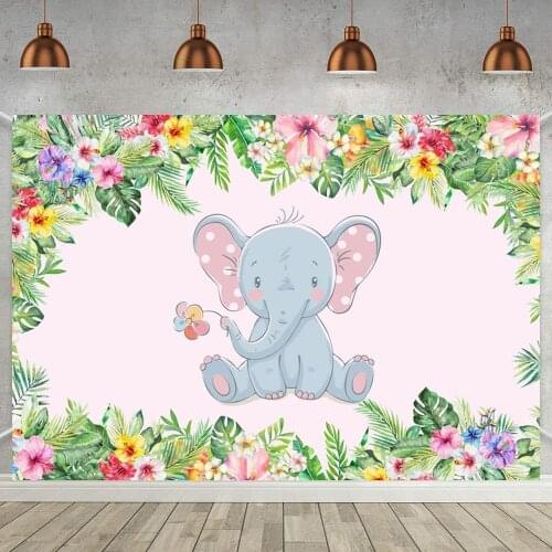 Baby Elephant Newborn Wild One Backdrops Green Leaves Flowers Jungle Party Baby Shower Photo Background Vinyl Poster Home Decor