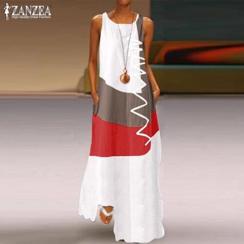 ZANZEA 2021 Vintage Maxi Dress Color Stitching Womens Summer Sundress Casual Sleeveless Tank Vestidos Female O Neck Robe Femme
