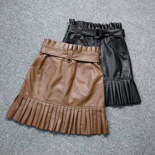 2021 New Arrival Women Fashion Genuine Leather Skirt High Waist Ruffle