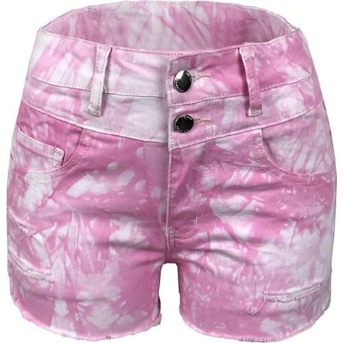 2021 New Summer Women Tie Dyed Printed High Waist Stretch Holes Denim Jeans Short