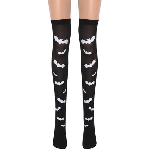 Women Gothic Bat Print Thin Stockings 2021 Black Goth Cool Tube Knee Props Nylon Elastic Long Lolita Socks Cosplay Streetwear