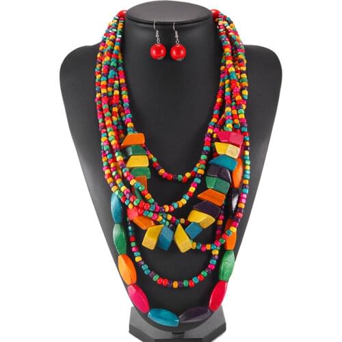 Popular Women Jewelry 7 Colors Bohemia Multi Layer Beads Chain Geometric Wood Block Pendants Long Statement Beaded Necklace