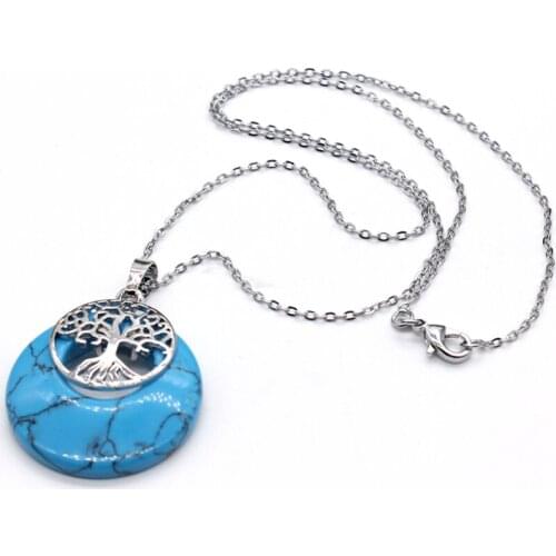 100-Unique 1 Pcs Silver Plated Round Hollow Blue Turquoises Stone Pendant Tree of Life Necklace