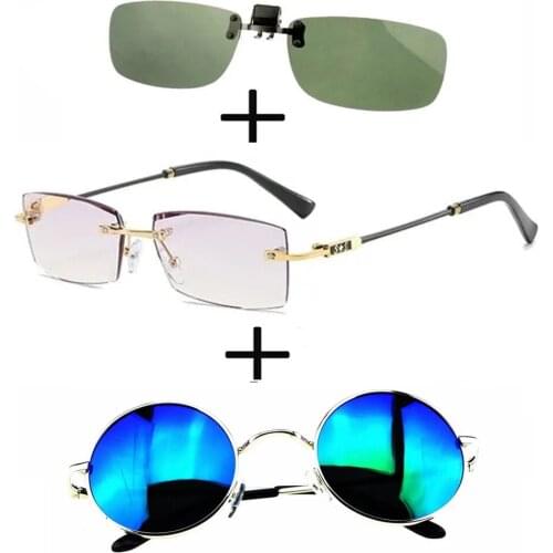 3Pcs!!! Rimless Frameless Luxury Reading Glasses for Men Women + Alloy Polarized Sunglasses Round + Sunglasses Clip