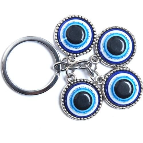 4PC Turkish Blue Eyes Key Ring Stainless Steel KeyChain DIY Handmade Material Car Pendant Wall Hanging Ornaments