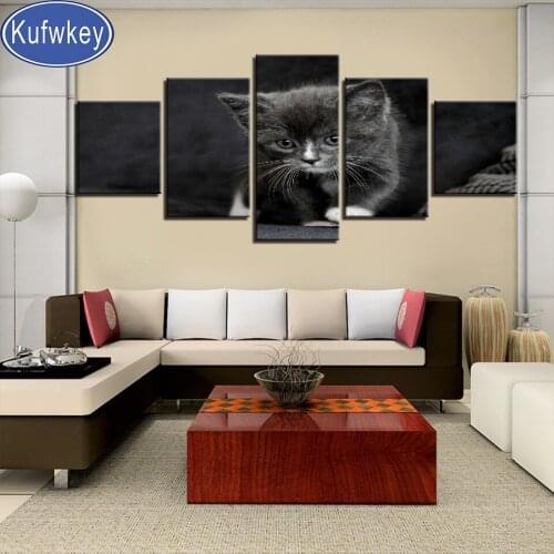 5 Panels diamond Painting full square Animal Black Small Cute Cat picture round mosaic diamond art 3d cross Stitch wall stickers