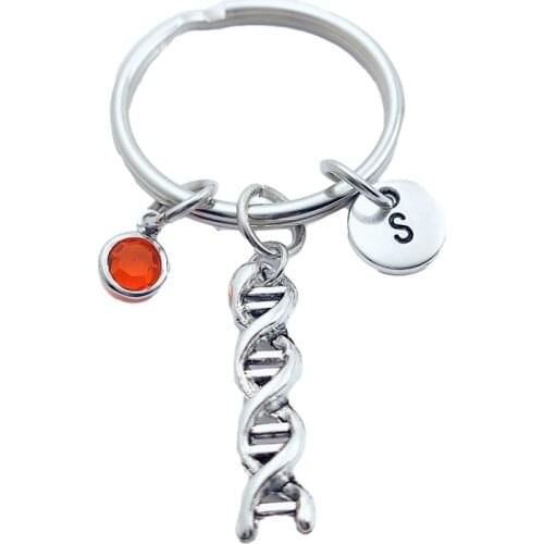 Science DNA Model Keychains Creative Initial Letter Monogram Birthstone Keyrings Fashion Jewelry Women Gifts Pendants