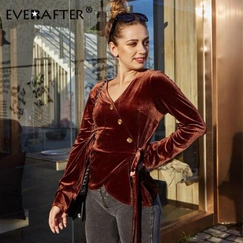 EVERAFTER Vintage velvet blouses women sexy v-neck long sleeve blusas shirt button bandage slim autumn elegant female blouse new