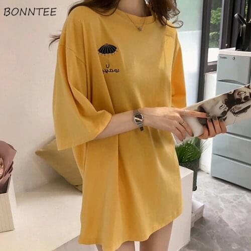 T-shirts Women Umbrella Embroidery Harajuku Korean Style Simple T Shirts for Female Girls Students Loose Tshirt Trendy All-match
