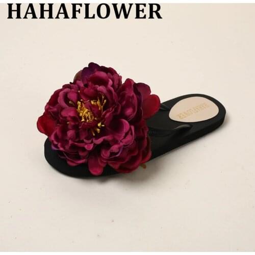 HAHAFLOWER 100% Handmade Flowers Woman Beach Shoes 2017 Summer Womens Slippers Flat Flip Flops A43 free shiping