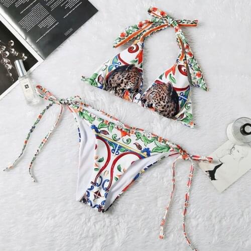 Designer Animal Painted Pottery Print Sexy Triangle Bikini Set Womens Summer Beach Wear Bathers Bathing Suit Swimwear