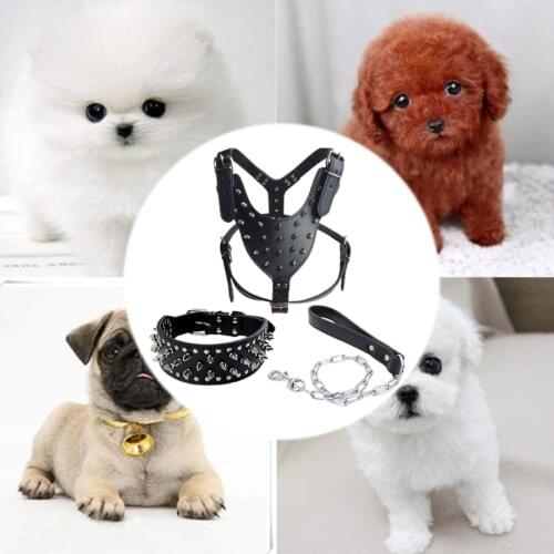 Soft Spiked Studded Leather Dog Walking Training Hiking Sports Harness Collar Chain Leash Set For Medium Large Dogs