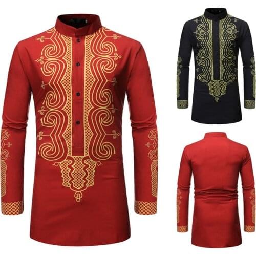 2021 Autumn New Stand-up Collar Long Sleeved Printed Shirt Ethnic Style Simple Black Plus Size Stretch Men Shirt Free Shipping