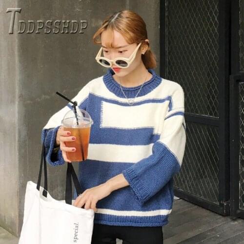 Autumn winter women sweater korean loose round neck pullover patchwork stripe female sweaters