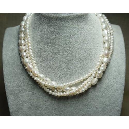 Unique Pearls Jewellery 3-10mm Four Rows White Genuine Freshwater Pearl Necklace Charming Wedding Birthday Women Gift
