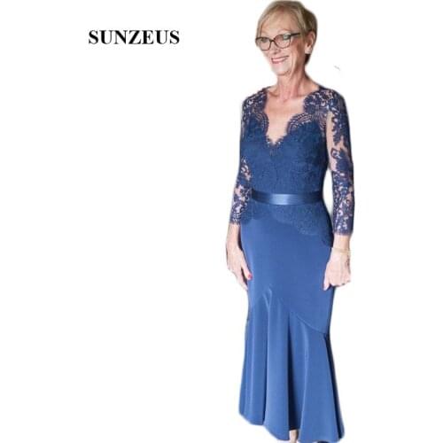 V Neck Long Sleeve Mother of the Bride Dresses Navy Blue Elegant Womens Formal Party Dresses Lace Groom Mother Dresses SMD62