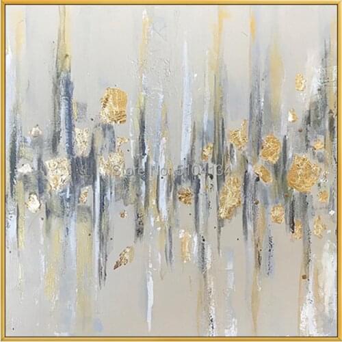 Handmade Grey Color and Thick Textured Gold Foil Abstract Oil Painting on Canvas Pop Fine Art Abstract Oil Canvas Painting