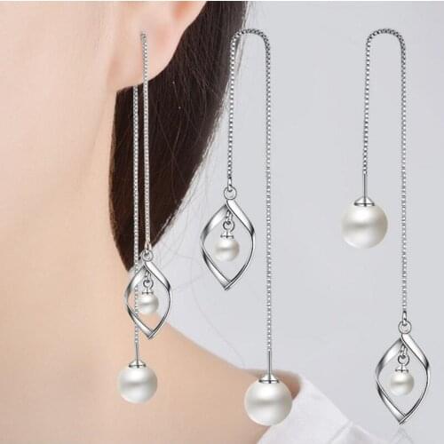 TJP Top Quality 925 Silver Earrings For Women Wedding Party Trendy Pearl Long Tassel Lady Girl Earrings Accessories 2018 Hot