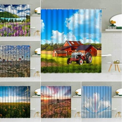 Nordic Style Scenery Shower Curtain Wooden House Tractor Forest Landscape Bathroom Decor Blue Sky Lake Waterproof Curtains