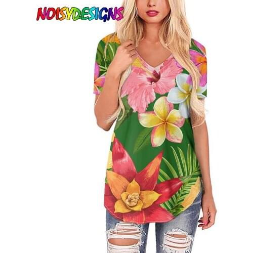 NOISYDESIGNS Tropical Flowers Print T Shirt Women Hawaiian Hibiscus Pattern Shirts Fashion V Neck Short Sleeve T-Shirt Summer