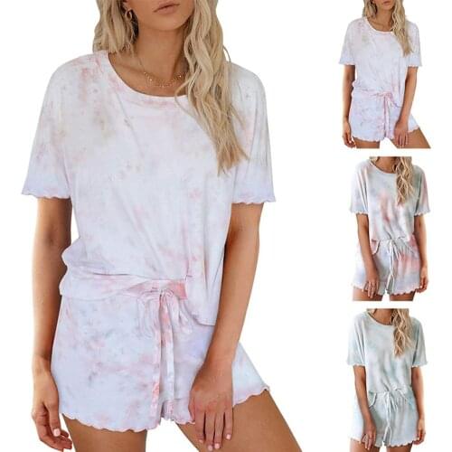 Womens Nightwear Pyjama Set Femme Night Suit Tie-dye Printed Short Sleeve Pajama Set Night Top And Short Sleepwear