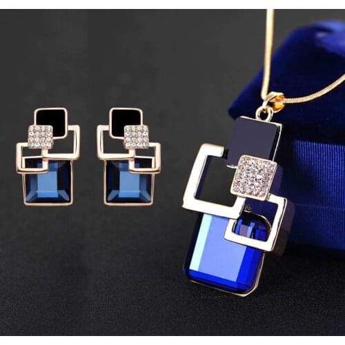 Classic Square Crystal Stud Earrings And Pendant Necklace Fashion Brand Wedding Party Jewelry Sets For Women For Gifts