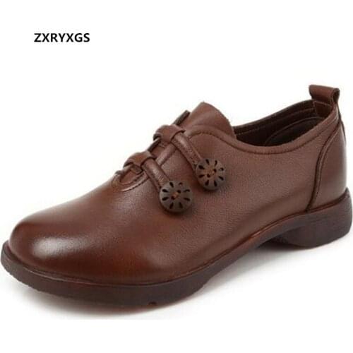 2021 New Spring Top Cowhide Mother Leather Shoes Flat Soft Sole Wear-resistant Non-slip Comfortable Shoes Woman Retro Large Size