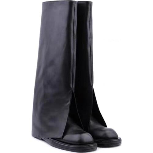 Women Wedge Boots Black Fold Knee High Heel Boots Pointed Toe Long Boots Female Wedges Heel Botas Mujer Big Size Shoes 35-40