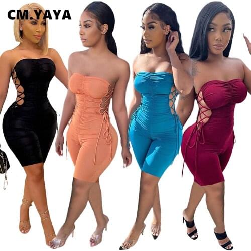 CM.YAYA Women Playsuits Solid Sleeveless Strapless Lace Up Hollow Out Skinny Elastic Playsuits Sexy Night High Street Summer
