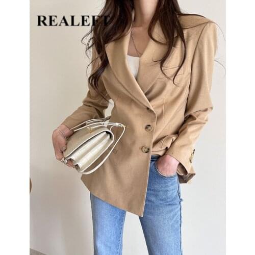 REALEFT Autumn Winter Single Breasted Street Womens Blazer 2021 New Elegant Long Sleeve Office Female Casual Outwear Pockets