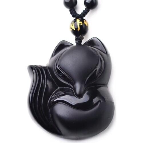 Obsidian Fox Pendant Necklace Black Jade pendant lucky to ward off bad luck Energy Stone