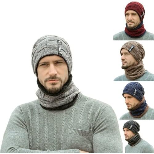 Winter Beanie Hat Scarf Set Outdoor Sports Hiking Scarf Men Fluffy Knitted Cap Neck Warmer Headwear fz