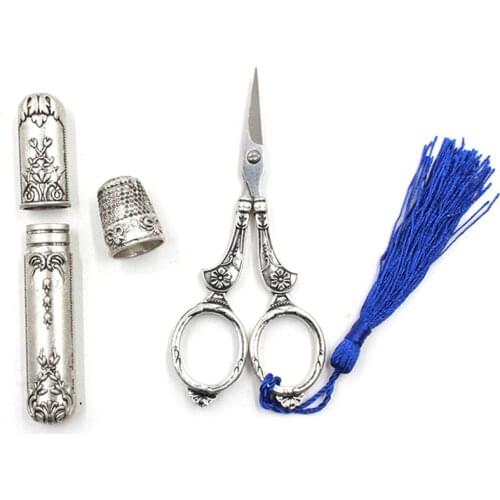 1set European Vintage Sewing Scissors Tool Set Silver Needle Cylinder Finger Thimble Embroidery Cross Stitch Sewing Accessories