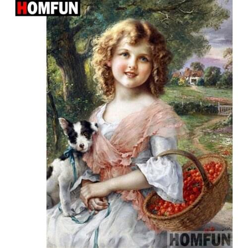 HOMFUN Diamond Painting "Girl dog landscape"Cross Stitch Custom Photo Diamond Embroidery Square Round Drill Home Decor A30205