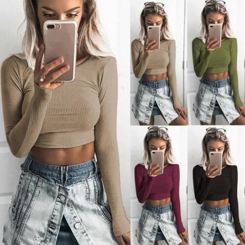 Basic T-shirt Spring Womens T-shirt Ribbed Knit T-shirt Womens Long Sleeve T-shirt O-Neck Womens Crop Top