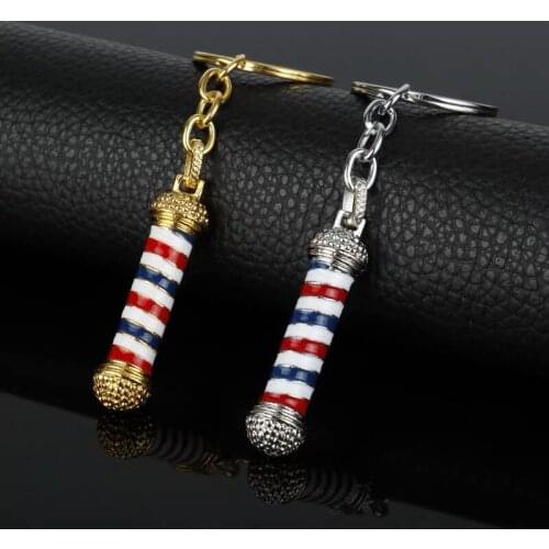FREE SHIPPING BY DHL 100pcs/lot 2019 Metal Mini Barber Pole Keychains 3D Barber Rotating Pole Keyrings For Barber Shop Gifts