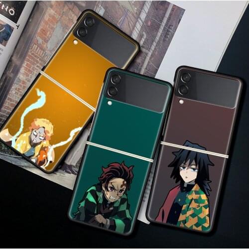 Case For Samsung Galaxy Z Flip 3 5G Funda ZFlip3 Luxury Black PC Hard Shockproof Back Phone Coque Shell Demon Slayer Japan Anime