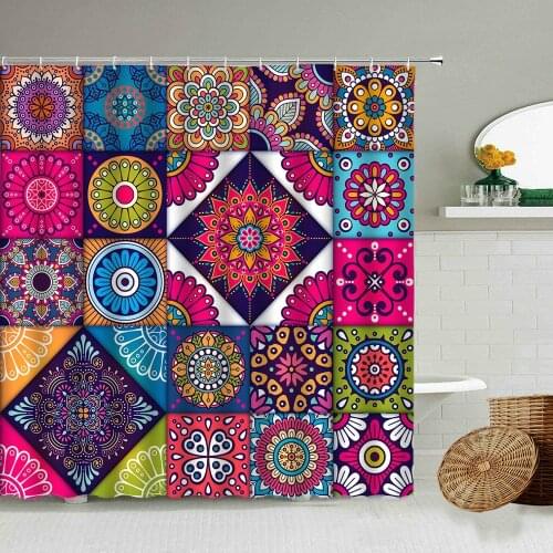 Colorful Geometric Mandala Bohemian Seamless Pattern Waterproof Shower Curtain Indian Tribal Traditional Element Cloth Curtains