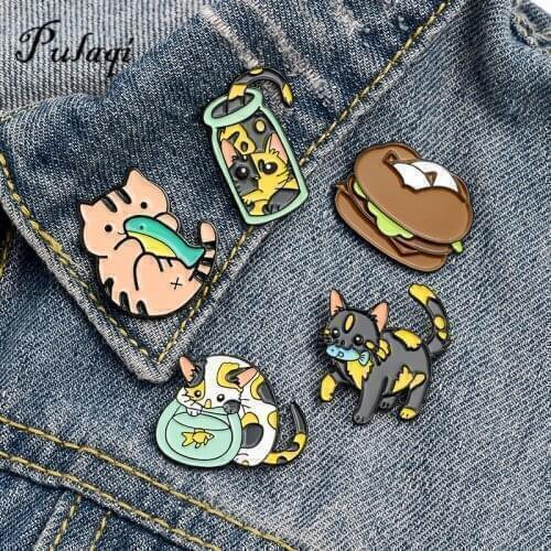 Cute Cat And Fish Enamel Pin Bottle Fishtank Hamburger Cat Brooches Badge For Bag Lapel Pin Buckle Jewelry Gift For Kids Friends