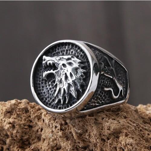 Retro Stainless Steel Viking Wolf Rings For Men Biker Ice Wolf House Stark Winterfell Animal Mens Ring Nordic Fashion Jewelry