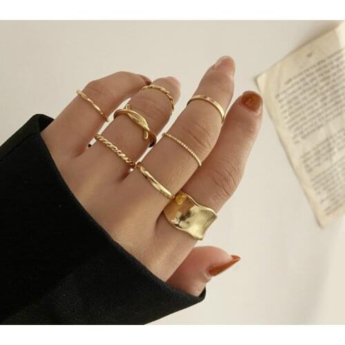 2021 New Fashion Gold Color Irregular Metal Rings Set Korea Geometric Twist Chain Thin Finger Ring for Women Party Wedding Gifts