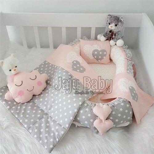 Jaju Baby Hand Made Babynest Gray Star Luxury Orthopedic Baby Nest and Breastfeeding Pillow 5 Piece Bedding Set