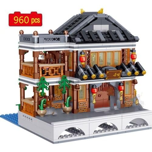 Chinese Style Creative Street View Ancient Teahouse Lounge bar MOC Model Building Blocks Bricks Toys Gifts